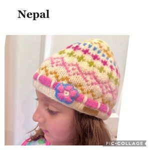 EVEREST DESIGNS GIRLS WOOL KNIT BEANIE RAISED PINK FLOWER FAIR ISLE